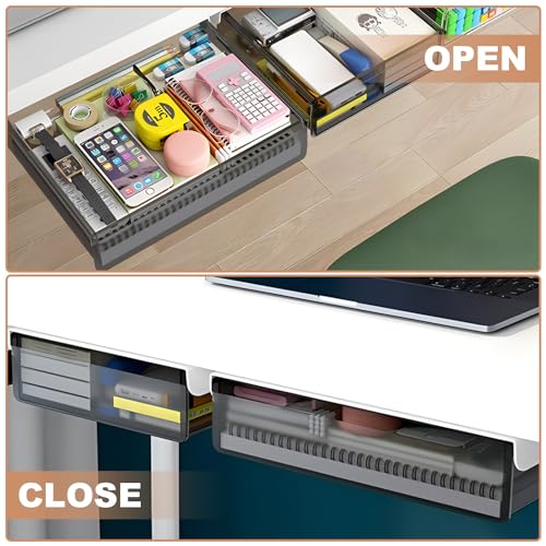 SVNNELP Under Desk Table Drawer Storage Organizer,2 Pack Large & Medium Slide Out Desk Drawers - Hidden Desktop Organizer,Attachable Pencil Storage Tray Under Table(ML)