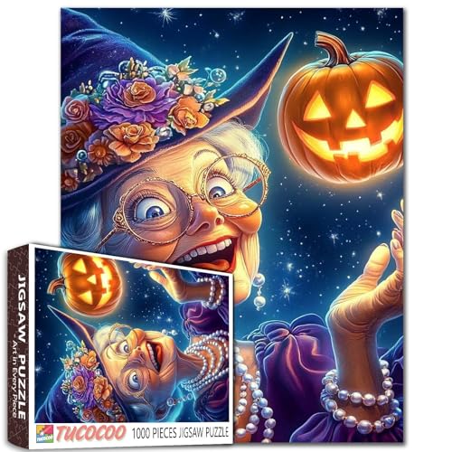 Joyful Grandma Witch with Glowing Pumpkin 1000 Piece Jigsaw Puzzle for Adults Students 20×27 Inches Halloween Starry Sky Happy Elderly Woman Magical Night Home Decor Puzzle Fun Gift for Fall - color: Puzzle-hall Old Woman-02