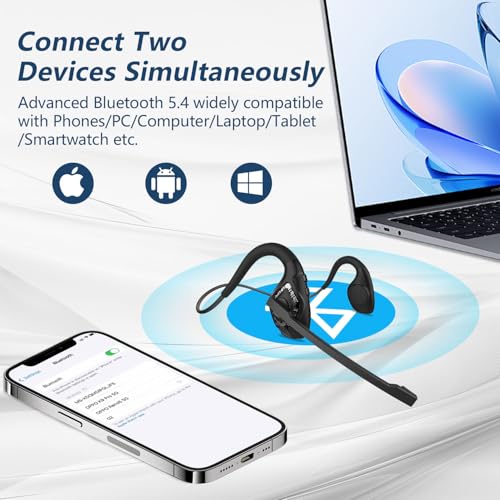 BANIGIPA Bluetooth Headset with Microphone, Open Ear Headphones with Mic | Wireless Headset w/ Noise Cancelling Mic for Phone PC Computer, Light & Comfortable for Office Meeting Home Working-10 Hrs