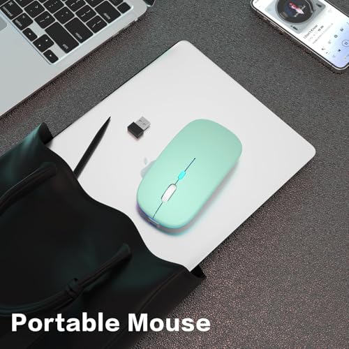 AIKOKOK Wireless Bluetooth Mouse, Rechargeable, Dual Mode Bluetooth 5.2 & 2.4G USB, LED Lights, Slim, Silent, Portable Computer Mouse for Laptop, PC, MacBook, iPad, Tablet (Green) - color: Green