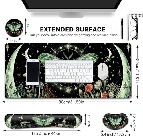 Large Gaming Mouse Pad+ Keyboard Wrist Rest Set, Ergonomics Memory Foam Mouse Mat Wrist Rest Support for Home Office, Waterproof Extended Mousepad 31.5x11.8in, Green Moth Mushroom Black Desk Pad - color: Yvb-mousepad-9-f-159
