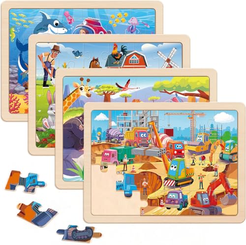 Wooden Puzzles for Kids Ages 4-6, 4 Packs 24 Pcs Wooden Jigsaw Puzzles for Toddlers Ages 3-5, Preschool Educational Puzzle Toys Gifts for 3 4 5 6 Boys Girls - color: Underwater World Farm