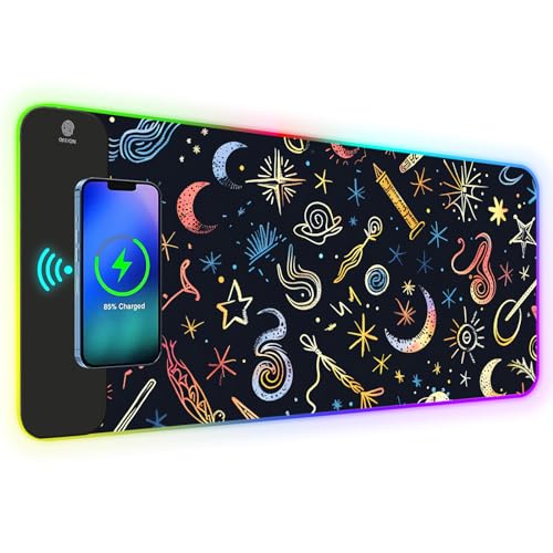AIMSA RGB Gaming Mouse Pad with Wireless Charging, Large Keyboard Mouse Pad with 14 LED Light Modes, Non-Slip Rubber Base Waterproof Desk Pad for Home Office Decor, Abstract Moon Stars - color: Abstract Moon Stars