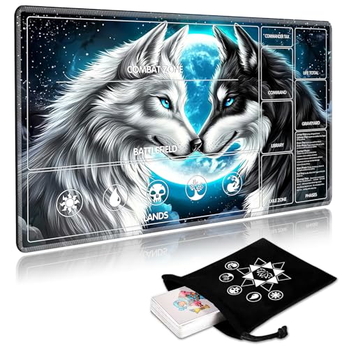 for MTG Playmat with Card Storage Bag,Non-Slip Rubber Base & Smooth Surface 27.6x15.7in,Beginner-Friendly Magic Mat for Commander Deck,Black White Wolf Moon - color: Black White Wolf Moon, size: 27.6 X 15.7 in