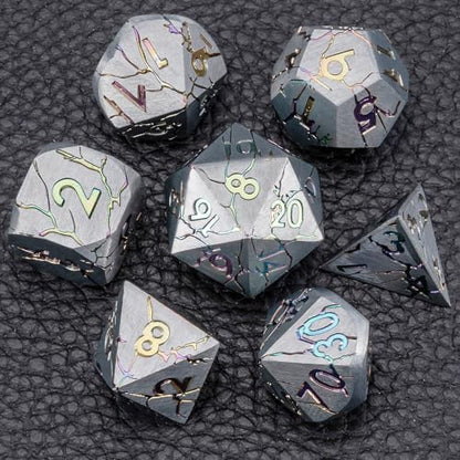 Metal DND Dice Set with Sharp Edge for RPG, Polyhedral D&D Dice in Gift Box for Dungeons and Dragons - color: Silver and Coloured Cracks