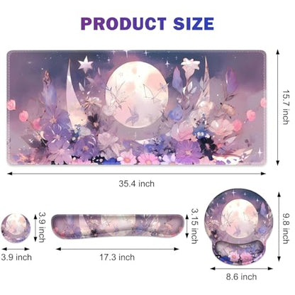 Large Desk Mat, Gaming Mouse Pad Desk Pad, Mousepad + Keyboard Wrist Rest | +Mouse Wrist Rest+Coaster Set with Ergonomic XXL Desk Pad Protector for Home Office PC Computer, Pastel Purple Flower Moon - color: Pastel Purple Flower Moon