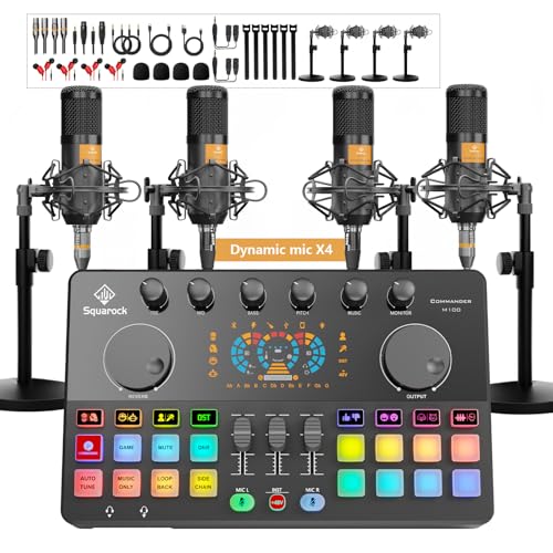 Podcast Equipment Bundle for 4, All-in-One Audio Mixer with Dynamic Micophones Noise Reduction for Live Streaming/Recording/Singing，PC,Smartphone，TikTok M100 3rd - style: M100-4D (4 mics)