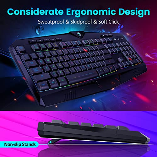 Gaming Keyboard, Full Size RGB Backlit Quiet Computer Keyboard, Wrist Rest, Silent Keys, Multimedia Keys, Anti-ghosting, Waterproof Light Up USB Wired Keyboard for PC Mac Xbox Gamer Office | Quiet Computer Keyboard, Wrist Rest, Silent/Multimedia Keys, Ant