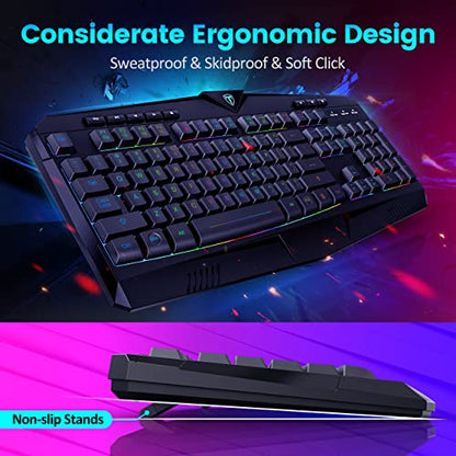 Gaming Keyboard, Full Size RGB Backlit Quiet Computer Keyboard, Wrist Rest, Silent Keys, Multimedia Keys, Anti-ghosting, Waterproof Light Up USB Wired Keyboard for PC Mac Xbox Gamer Office | Quiet Computer Keyboard, Wrist Rest, Silent/Multimedia Keys, Ant