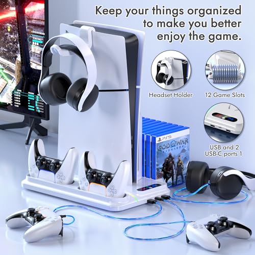 heclynis PS5 Cooling Stand for PS5/Slim/Pro, Dual Charger, RGB | Sturdy stand for PS5/Slim/Pro cools console, charges 2 controllers, stores 12 games and adds RGB lighting