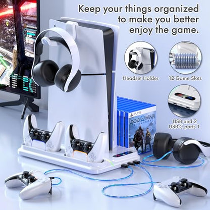 heclynis PS5 Cooling Stand for PS5/Slim/Pro, Dual Charger, RGB | Sturdy stand for PS5/Slim/Pro cools console, charges 2 controllers, stores 12 games and adds RGB lighting