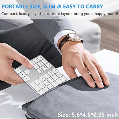 Lekvey Bluetooth Number Pad, Aluminum Rechargeable Wireless Numeric Keypad Slim 34-Keys External Numpad Keyboard Data Entry for Laptop, MacBook, MacBook Air/Pro, iMac, Windows, Surface Pro - Silver - color: White and Silver