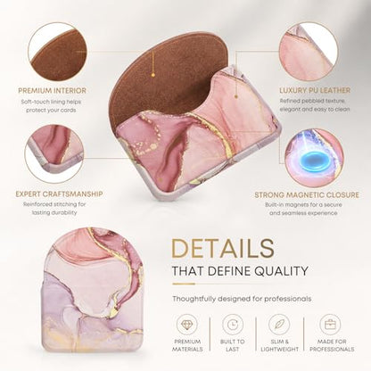 Business Card Holder，PU Leather Business Card Case for Purse，Pocket Travel Name Card Case Holder Wallet for Men Gift，Portable Magnetic Business Card Carrier Pink Marble - color: Pink Marble