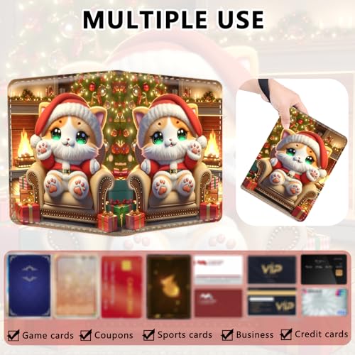 4 Pocket Trading Card Binder, Holds 400 Cards, PU Zipper Binder | PU leather cover, holds 400 cards, 50 removable pages, zipper closure, portable storage and protection. - color: Christmas cats