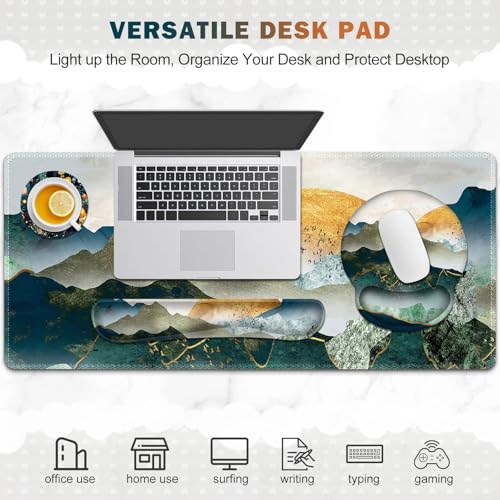 Gaming Mouse Pad, Large Desk Mat, Cute Desk Pad Protector, 4in1 XXL Mousepad +Keyboard Wrist Rest+Mouse Wrist Rest+Coaster Set with Ergonomic Desk Pad for Home Office Table Computer Green Mountain - color: Green Mountain