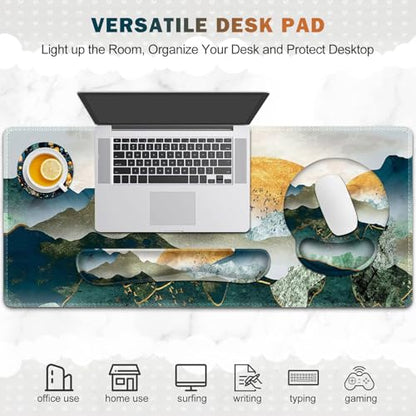 Gaming Mouse Pad, Large Desk Mat, Cute Desk Pad Protector, 4in1 XXL Mousepad +Keyboard Wrist Rest+Mouse Wrist Rest+Coaster Set with Ergonomic Desk Pad for Home Office Table Computer Green Mountain - color: Green Mountain