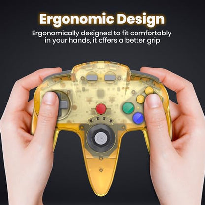 Wireless N64 Controller Made for Switch 1 & 2, N64 Console, (Clear Yellow) | (Built-in Vibration) (Rechargeable) (3D Analog Stick), 2.4 GHz USB & N64 Receiver Made for Switch Online, Windows PC, macOS - color: Transparent Yellow