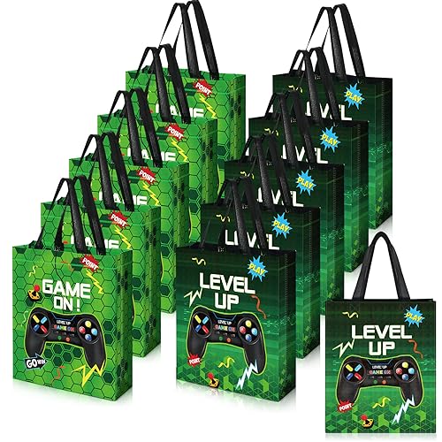 Sweetude 30 Pcs Video Game Gift Bag with Handle Game Party Supplies Reusable Gaming Neon Goody Bag, 2 Styles - style: Green