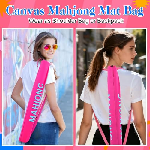 34 Inch Long Mahjong Mat Bag Cute Double Strapped Canvas Drawstring Mahjong Holder Lightweight Outdoor Carrying Bag for Board Games Travel Storage-Mat Not Include(Pink,1 Pc) - color: Pink, style: Soild
