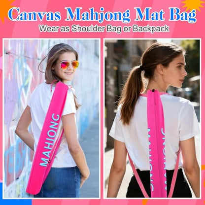 34 Inch Long Mahjong Mat Bag Cute Double Strapped Canvas Drawstring Mahjong Holder Lightweight Outdoor Carrying Bag for Board Games Travel Storage-Mat Not Include(Pink,1 Pc) - color: Pink, style: Soild