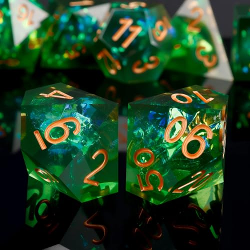 Haxtec Sharp Edge DND Dice Set, Holographic Resin Polyhedral RPG Dice | Green D&D Dice for Role Playing Games, Compatible with Dungeons and Dragons, Handmade 7-Die with Metal Case, TTRPG Gifts - color: Green Gold