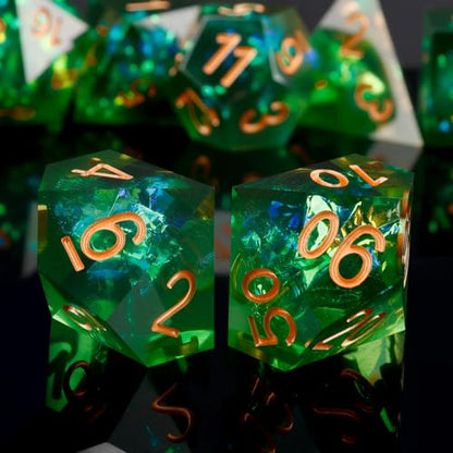 Haxtec Sharp Edge DND Dice Set, Holographic Resin Polyhedral RPG Dice | Green D&D Dice for Role Playing Games, Compatible with Dungeons and Dragons, Handmade 7-Die with Metal Case, TTRPG Gifts - color: Green Gold