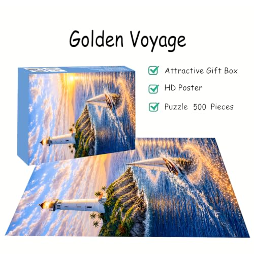 Puzzles for Adults 500 Pieces, Lighthouse Jigsaw Puzzles - Golden Voyage, Impossible Ocean Puzzles for Seniors Family, 20.47x14.96 inches, 1:1 Poster, Letter on the Back