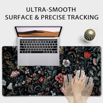Dark Floral Pattern Large Gaming Mouse Pad Desk Mat 31.5"x15.7" | Extended Mousepad, Non-Slip Rubber Base , Stitched Edges, for Computer/Laptop/Office/Home - color: Dark Floral Pattern