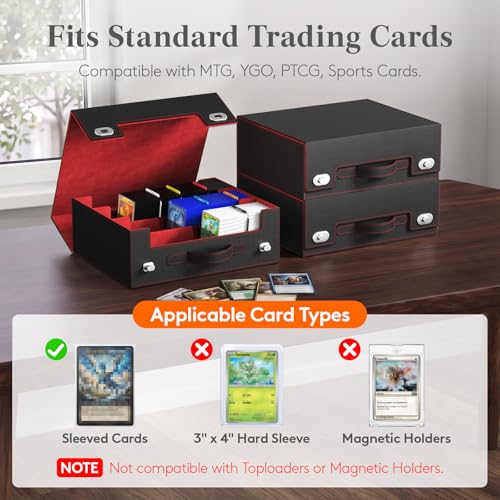 Lifewit Trading Card Storage Box with Handle, Holds Up to 1800 Sleeved Cards with 12 Adujstable Dividers & 4 Stoppers, Aluminum Closure PU Leather Case for MTG, PTCG, YGO, Sports Cards, Black& Red - color: Black&Red