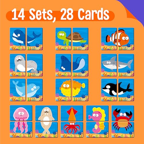 SpriteGru Marine Animal Memory Game, 28 Chunky Cards Sea Animals Head Tail Matching Game 1-5 Players Underwater Creatures Memory Matching Game for Preschoolers, Toddlers, Kids - style: Marine Animal