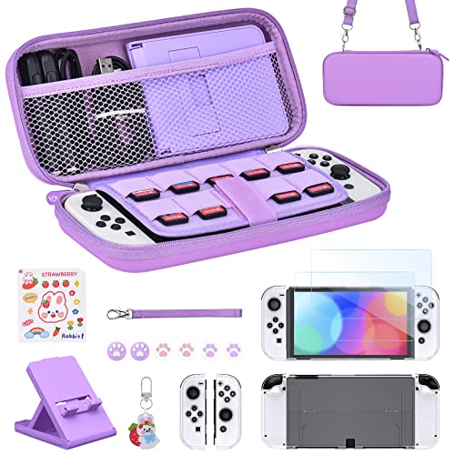 Younik Switch OLED Accessories Bundle, 17 in 1 Purple Switch Oled Accessories Kit for Girls Include Switch Carrying Case, Adjustable Stand, Protective Case for Switch Console & J-Con - color: Purple, size: For Switch OLED(2021)