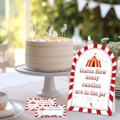 Carnival Guess How Many Candies Are In The Jar Game Set, 50 Guess Cards With 1 Standing Sign, Circus Theme Baby Shower Game Kit, Neutral Gender Reveal Party Decor & Activity Supplies - A10 - color: Circus