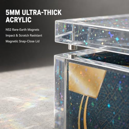 PKMN Booster Box Acrylic Display Case w/ Holographic Foil | Shiny Display Box for TCG Packs & Trading Cards Collections | 5mm Ultra Thick Protector Case + N52 Magnet - Iridescent Holographic Stars
