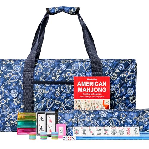 Jongyance American Mahjong Set with Blue Carrying Bag, 166 White Tiles, 4 All-in-One Rack/Pushers, Mahjong Tiles Set (Ma Jong, Mah-Jongg, Majiang) - color: Blue