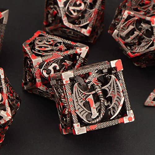 KERWELLSI Hollow DND Dice Set D&D with Gifts Box, 7pcs Polyhedral Metal D and D Dice for Role Playing Game, Dungeon Dragon Dice D20 D12 D10 D8 D6 D4 (Blood) - color: Blood