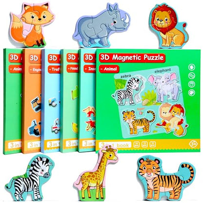 Magnetic Puzzles for Kids Ages 3-5, Travel Toddler Animal Puzzle Toy | Refrigerator Magnet Game for Ages 4-6, Learning & Birthday Gift for Boys, Car Airplane Road Trip Quiet-Time Activity Toys - style: Animal