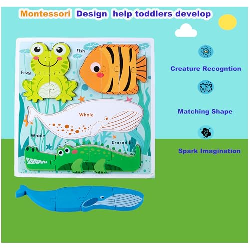 Toddlers Wooden Montessori Puzzles, Educational Jigsaw for Ages 1-4,Toddler Toys 2-3 Year Old Learning Gifts for Boys Girls Kids - color: Sea Animal