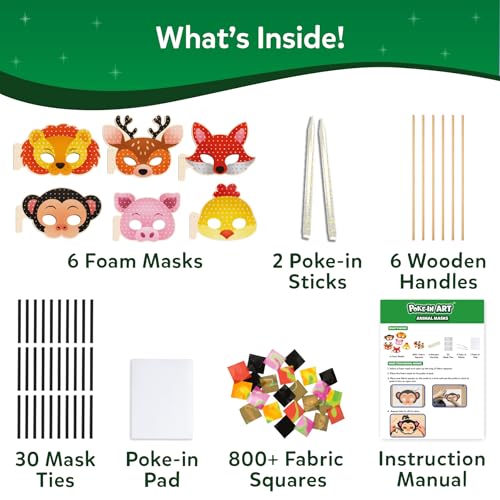 Skillmatics Poke-in Art – Animal Masks, Mess-Free DIY Wood Craft Kit | Fun Creative Activity for Kids, 800+ Colorful Fabric Squares, 6 Foam Masks, Gifts for Girls & Boys Ages 4, 5, 6, 7, 8, 9 - style: 9. Animal Masks
