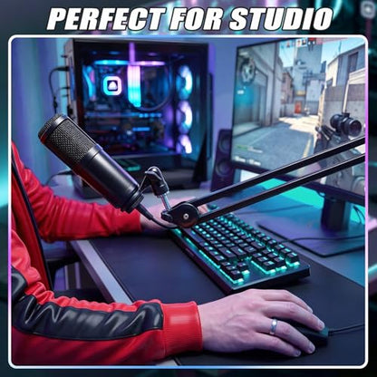 Microphone Boom Arm, 360° Rotatable Mic Arm Stand, Adjustable Height Overhead Mic Holder with Desk Clamp, Cable Channels, 3/8" to 5/8" Threads for Podcast Streaming Gaming Studio Recording
