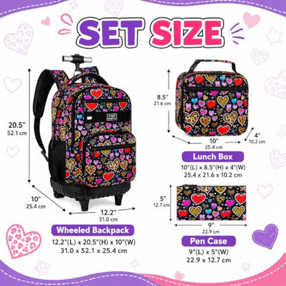 3Pcs Rolling Backpack for Girls Women, Leopard print Travel Roller Backpacks with Wheels for Adults, Teens College Wheeled Bookbag with Lunch Box(Brown) - color: Brown Love