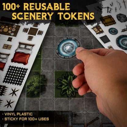 CZYY DND Battle Map Book, Reusable RPG Terrain Kit for Miniature Battles | 32 Dry & Wet Erase Maps, 100+ Scenery Decals, 1 in Grid, Lay-Flat Design, Fast Setup for Campaigns & Game Nights