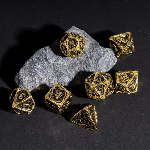7-Die Metal DND Dice Set Metallic Polyhedral Role Playing Dice | Vine Design PU Leather Pouch for Dungeons and Dragons RPG Table Games - color: Vine-gold Black