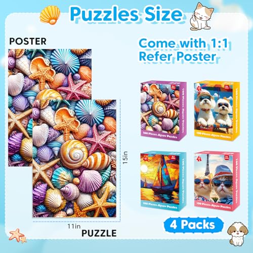 4 Packs 100 Piece Puzzle - Shells Sailboat Cats Dogs Jigsaw Puzzles, 100 Piece Puzzles for Adults Seniors Kids Puzzles for Kids Ages 4-6 6-8 8-10 Educational Puzzle Toys 15"x11" - style: Shells Sailboat Cats & Dogs
