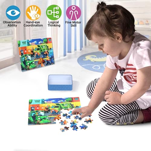 LELEMON Puzzles for Kids Ages 4-6,4-Pack Dogs Fire Fighting Garbage Truck Farm 60 Piece Puzzles for Kids Ages 4-8 in a Metal Box,Educational Jigsaw Puzzles Puzzle Games Puzzle Toys for Girls and Boys - color: Dogs Fire Fighting Garbage Truck Farm