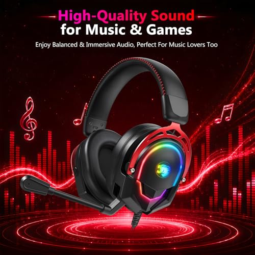 K98 Wired RGB Gaming Headset with Mic, Over Ear Gaming Headphones, 50mm Neodymium Drivers, Noise Isolating Microphone, Memory Foam Cushions, Aluminum Alloy Frame for PC, PS5, PS4, Xbox, Switch - color: Black/Red RGB