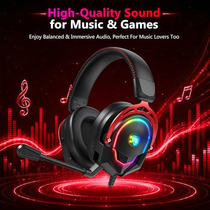 K98 Wired RGB Gaming Headset with Mic, Over Ear Gaming Headphones, 50mm Neodymium Drivers, Noise Isolating Microphone, Memory Foam Cushions, Aluminum Alloy Frame for PC, PS5, PS4, Xbox, Switch - color: Black/Red RGB