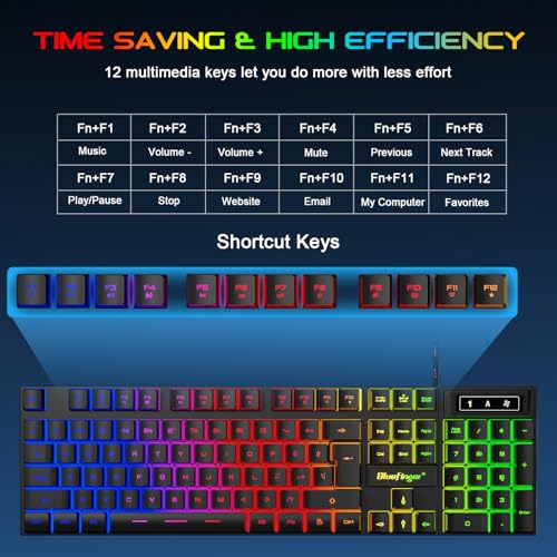 BlueFinger Gaming Keyboard USB Wired Full Size Keyboards, Rainbow Backlit Light Up Keyboard with Multimedia Keys, Quiet Typing for Windows PC Laptop