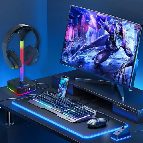 cozoo RGB Headphone Stand with Charger 3 USB Ports and 2 AC Outlets,2 USB-A 1 Type C,Desk Gaming Headset Holder with 9 Light Modes,PC Gaming Desk Accessories,Gamer Gifts,RGB Gaming Stuff Headset Stand | 9 Light Modes:7 Static & 3 RGB Dynamic Lights; 2 AC,