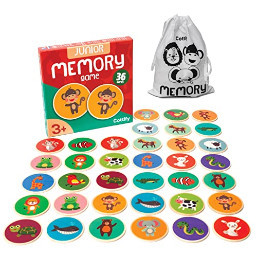 Montessori-Inspired Wooden Matching Game for Toddlers 2-4 Years - Durable, Scratch-Resistant 36 Card Set, Includes Carry Bag - Memory Game for Toddlers 2-4 Years - Cognitive Verbal Skills Development - size: Animals 36 cards