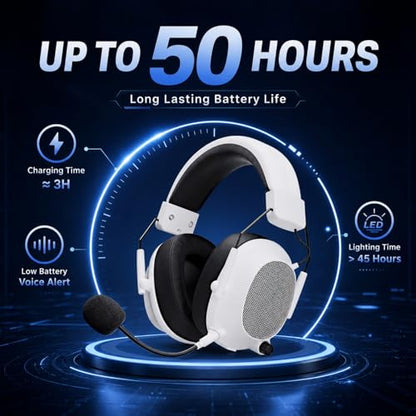 Wireless Gaming Headset for PC, PS5, PS4 and Mac, 2.4GHz Low Latency Gaming Headphones with Bluetooth 5.3, Noise Canceling Mic, RGB Light, Surround Sound, 50H Battery, Tac Master White
